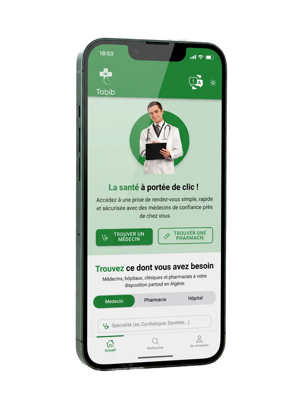 L'application mobile Tabib affichée sur un smartphone Android